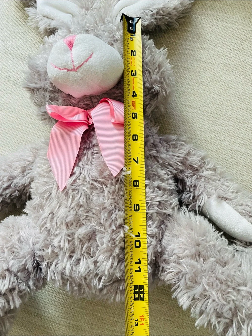 Plush Beige Bunny with Pink Bow - Soft Snuggly Stuffed Toy